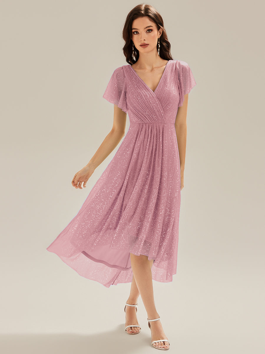 Robe A-Line à volants paillettes manches courtes #Couleur_Orchidee