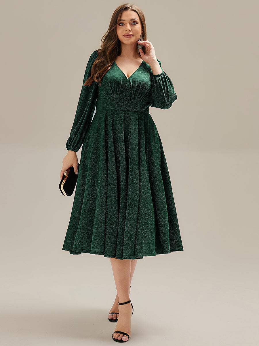 Robe d'invité mi-longue à manches longues lanternes #Couleur_Vert Fonce
