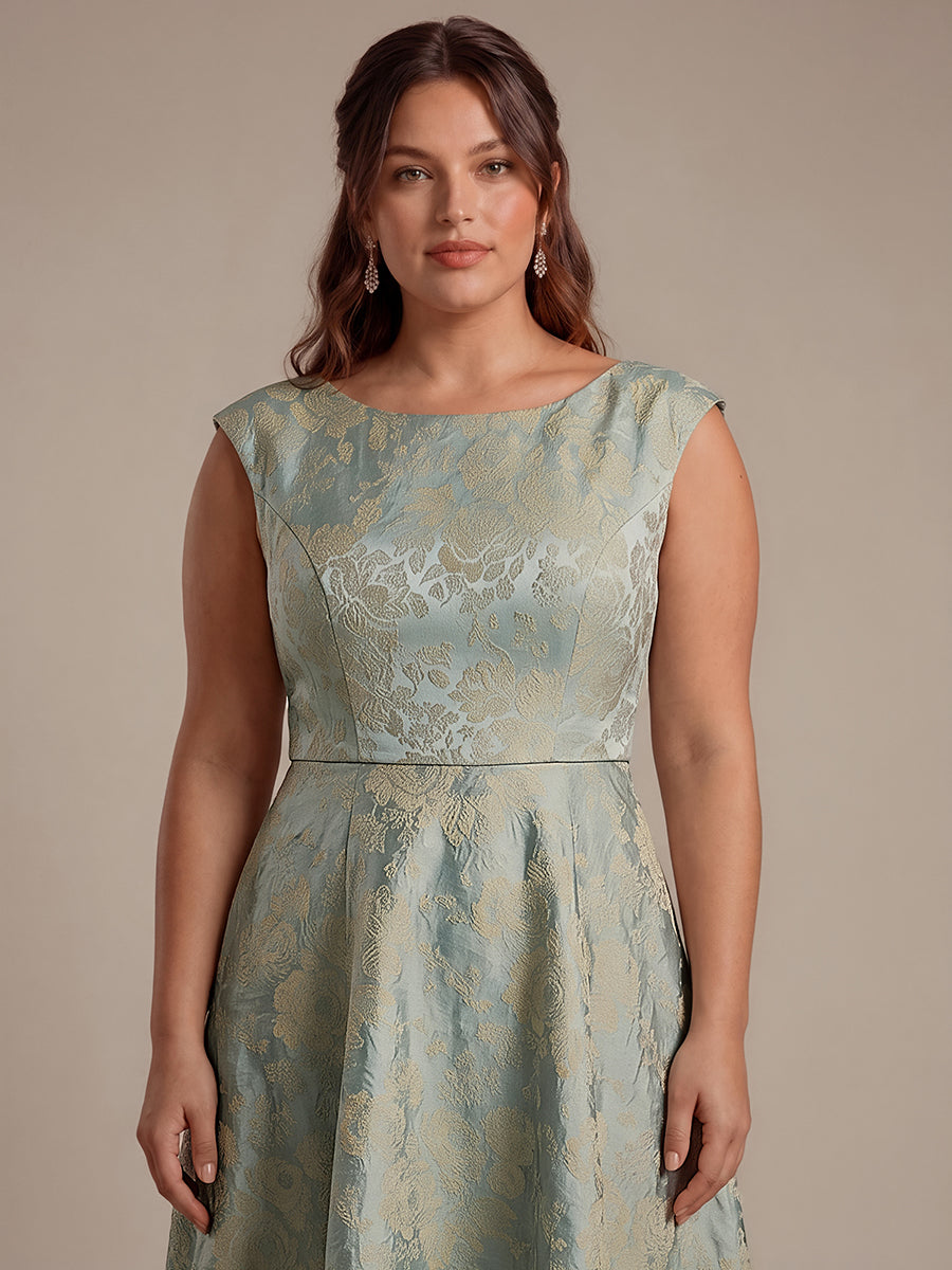 robe midi ¨¦vas¨¦e ¨¤ manches courtes imprim¨¦e avec col rond et fermeture ¨¦clair au dos #Couleur_Bleu ciel/Or