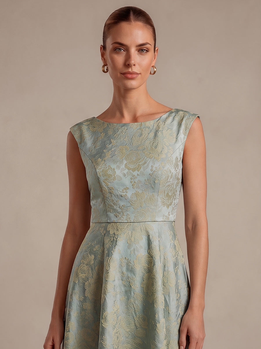 robe midi ¨¦vas¨¦e ¨¤ manches courtes imprim¨¦e avec col rond et fermeture ¨¦clair au dos #Couleur_Bleu ciel/Or