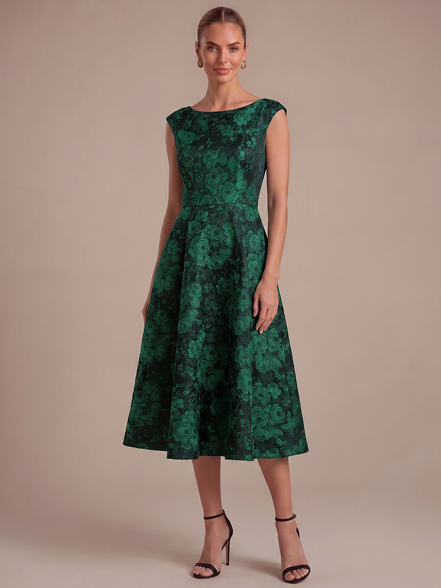 robe midi ¨¦vas¨¦e ¨¤ manches courtes imprim¨¦e avec col rond et fermeture ¨¦clair au dos #Couleur_Vert foncé/Noir
