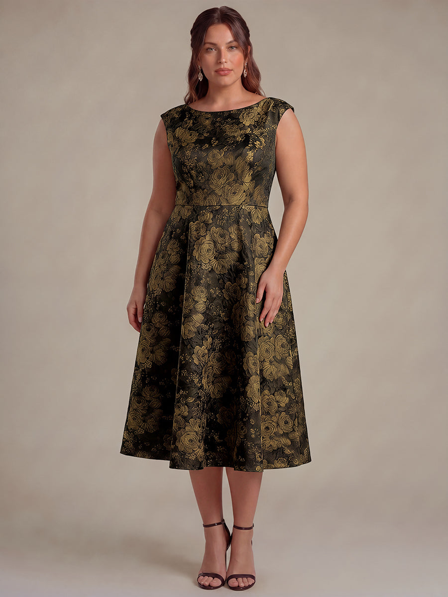 robe midi ¨¦vas¨¦e ¨¤ manches courtes imprim¨¦e avec col rond et fermeture ¨¦clair au dos #Couleur_Noir/Or