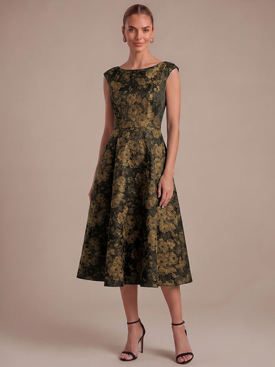 Robe midi évasée à manches courtes imprimée avec col rond et fermeture éclair au dos