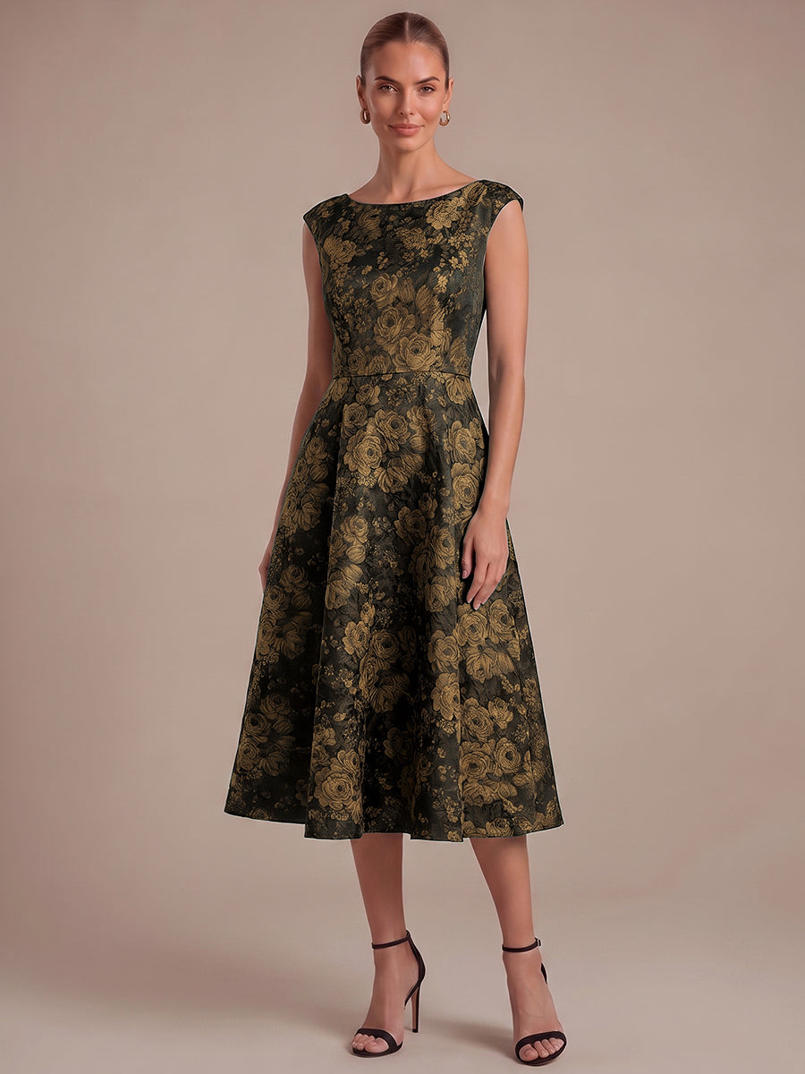 robe midi ¨¦vas¨¦e ¨¤ manches courtes imprim¨¦e avec col rond et fermeture ¨¦clair au dos #Couleur_Noir/Or
