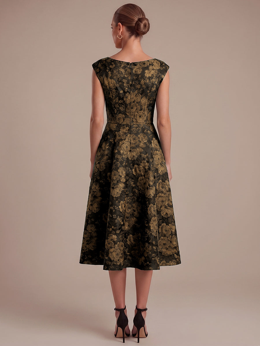 robe midi ¨¦vas¨¦e ¨¤ manches courtes imprim¨¦e avec col rond et fermeture ¨¦clair au dos #Couleur_Noir/Or