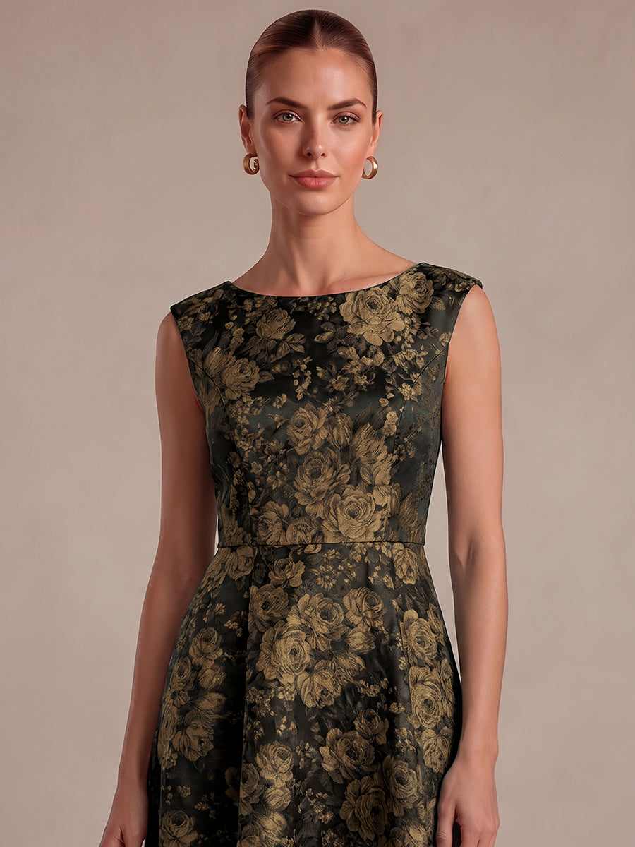 robe midi ¨¦vas¨¦e ¨¤ manches courtes imprim¨¦e avec col rond et fermeture ¨¦clair au dos #Couleur_Noir/Or