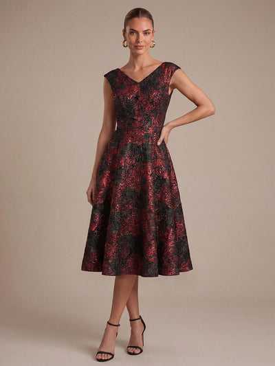 Robe midi sans élasticité à manches courtes en V avec fermeture éclair au dos