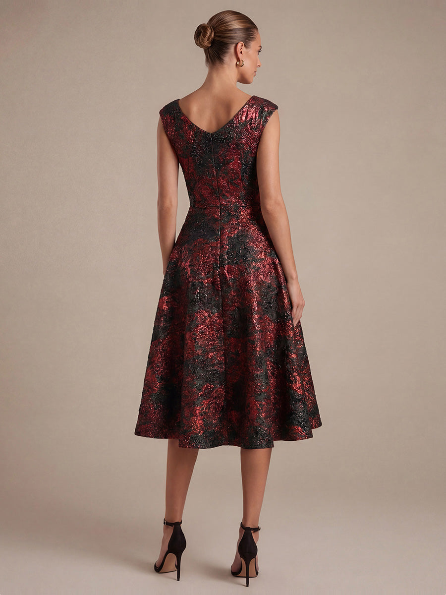 robe midi sans ¨¦lasticit¨¦ ¨¤ manches courtes en V avec fermeture ¨¦clair au dos #Couleur_Bourgogne/Noir