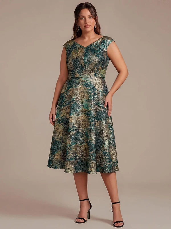 robe midi sans ¨¦lasticit¨¦ ¨¤ manches courtes en V avec fermeture ¨¦clair au dos #Couleur_Vert foncé/Or