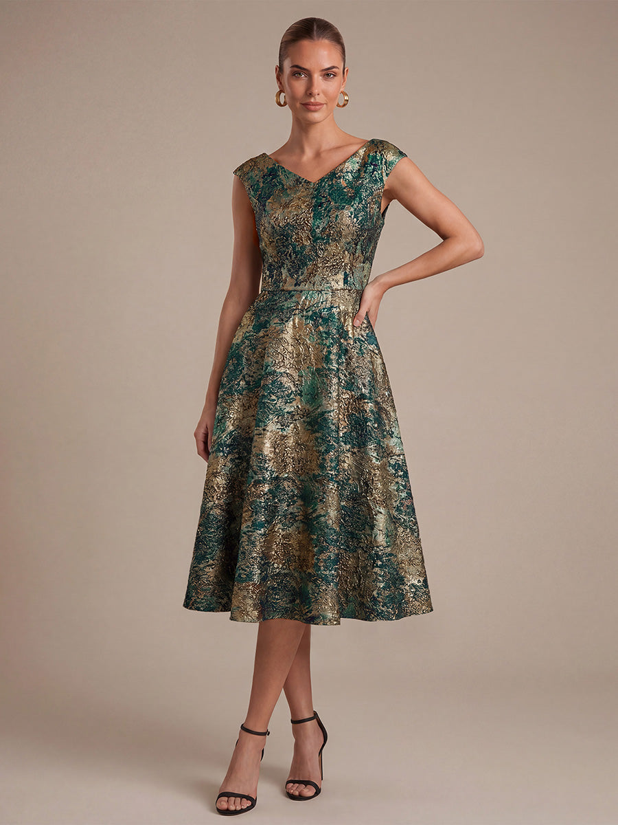 robe midi sans ¨¦lasticit¨¦ ¨¤ manches courtes en V avec fermeture ¨¦clair au dos #Couleur_Vert foncé/Or