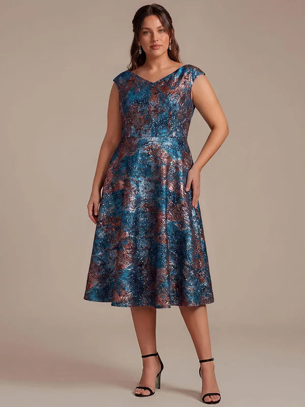 robe midi sans ¨¦lasticit¨¦ ¨¤ manches courtes en V avec fermeture ¨¦clair au dos #Couleur_Bleu roi/Or