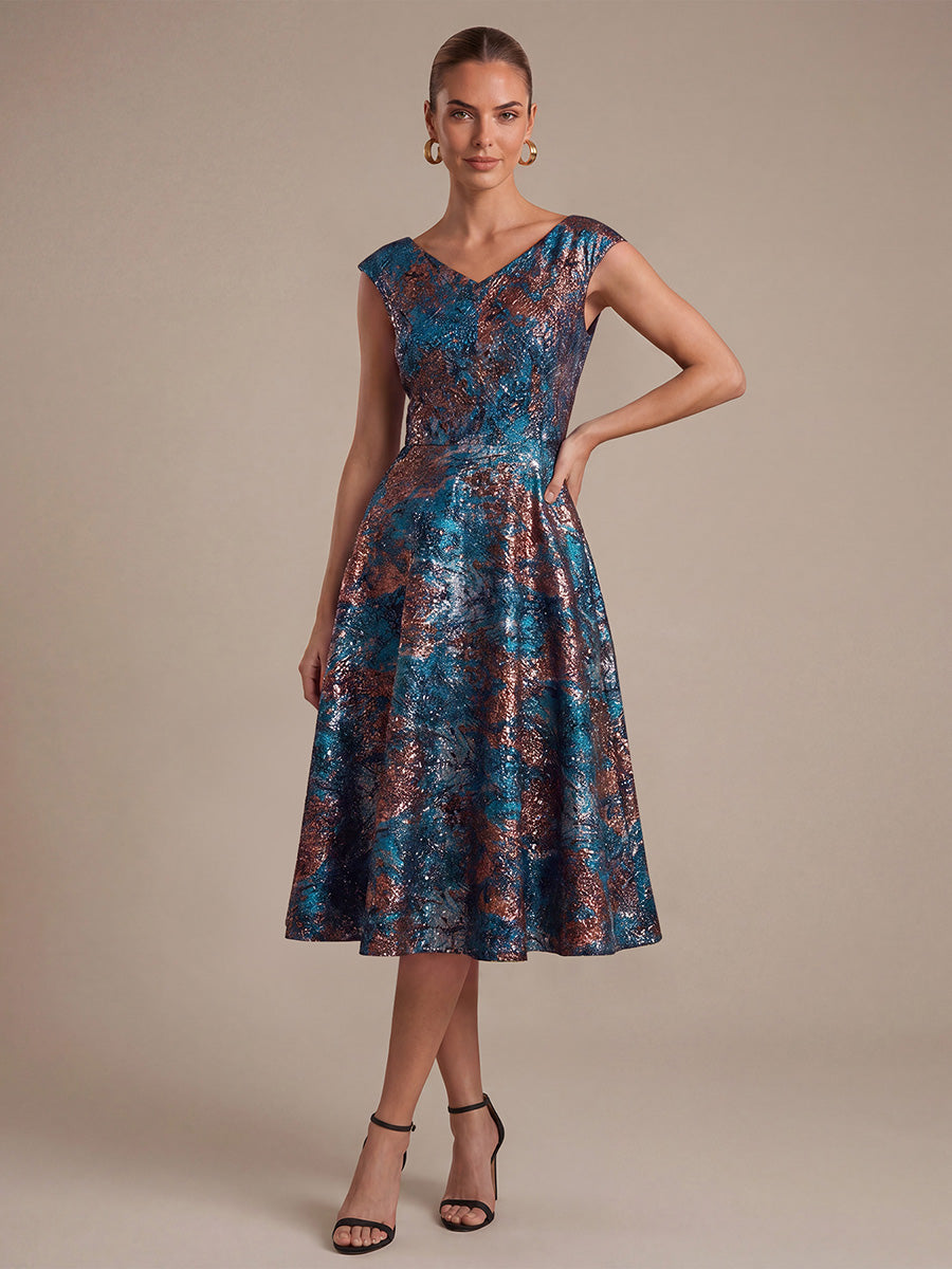 robe midi sans ¨¦lasticit¨¦ ¨¤ manches courtes en V avec fermeture ¨¦clair au dos #Couleur_Bleu roi/Or