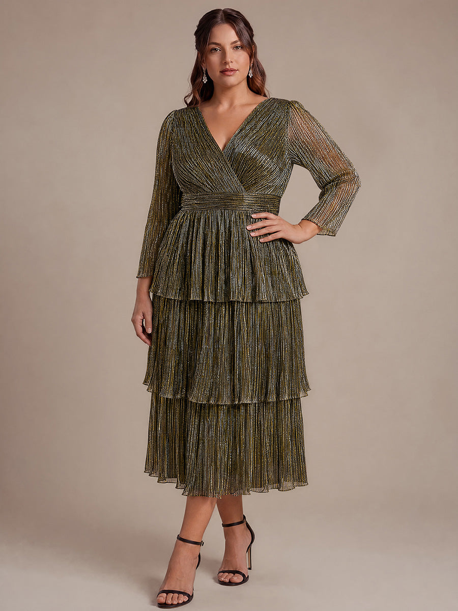 Robe maxi ¨¤ manches longues en tulle avec d¨¦collet¨¦ en V et volants coupe A #Couleur_Or métallique