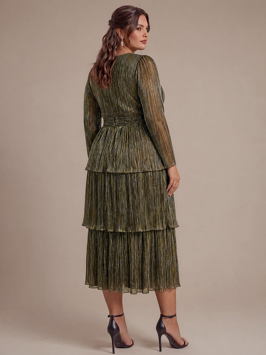 Robe maxi ¨¤ manches longues en tulle avec d¨¦collet¨¦ en V et volants coupe A #Couleur_Or métallique