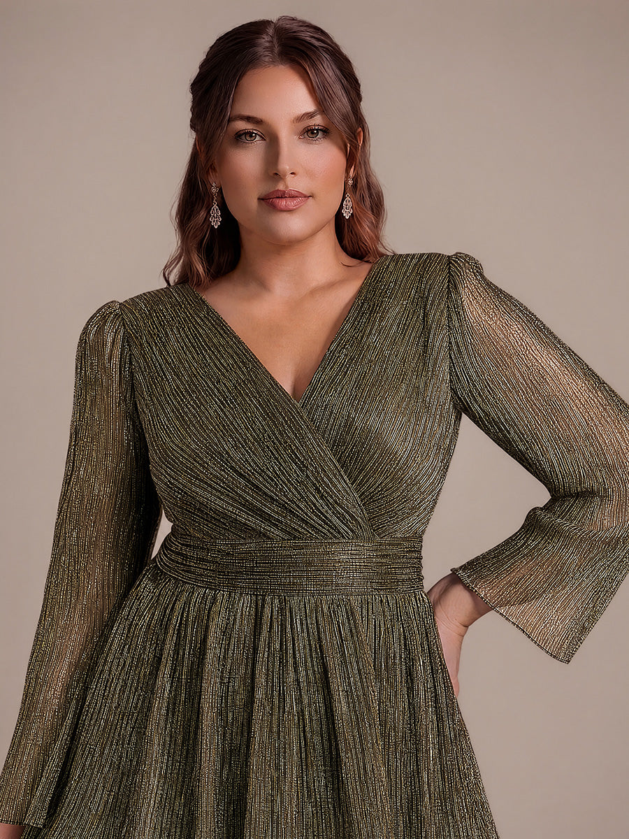 Robe maxi ¨¤ manches longues en tulle avec d¨¦collet¨¦ en V et volants coupe A #Couleur_Or métallique