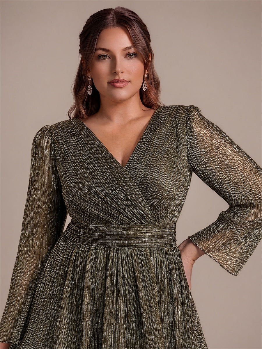 Robe maxi ¨¤ manches longues en tulle avec d¨¦collet¨¦ en V et volants coupe A #Couleur_Or métallique