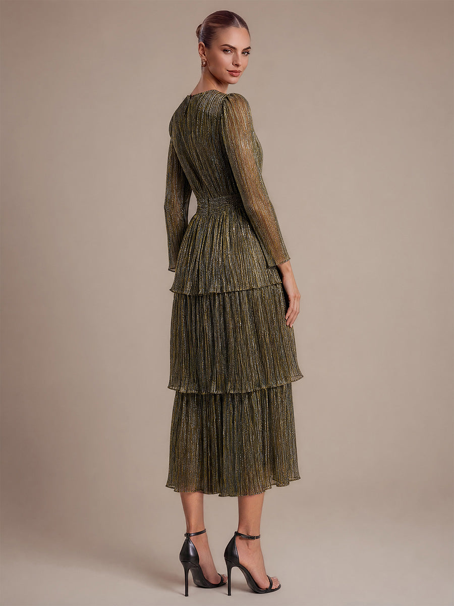 Robe maxi ¨¤ manches longues en tulle avec d¨¦collet¨¦ en V et volants coupe A #Couleur_Or métallique