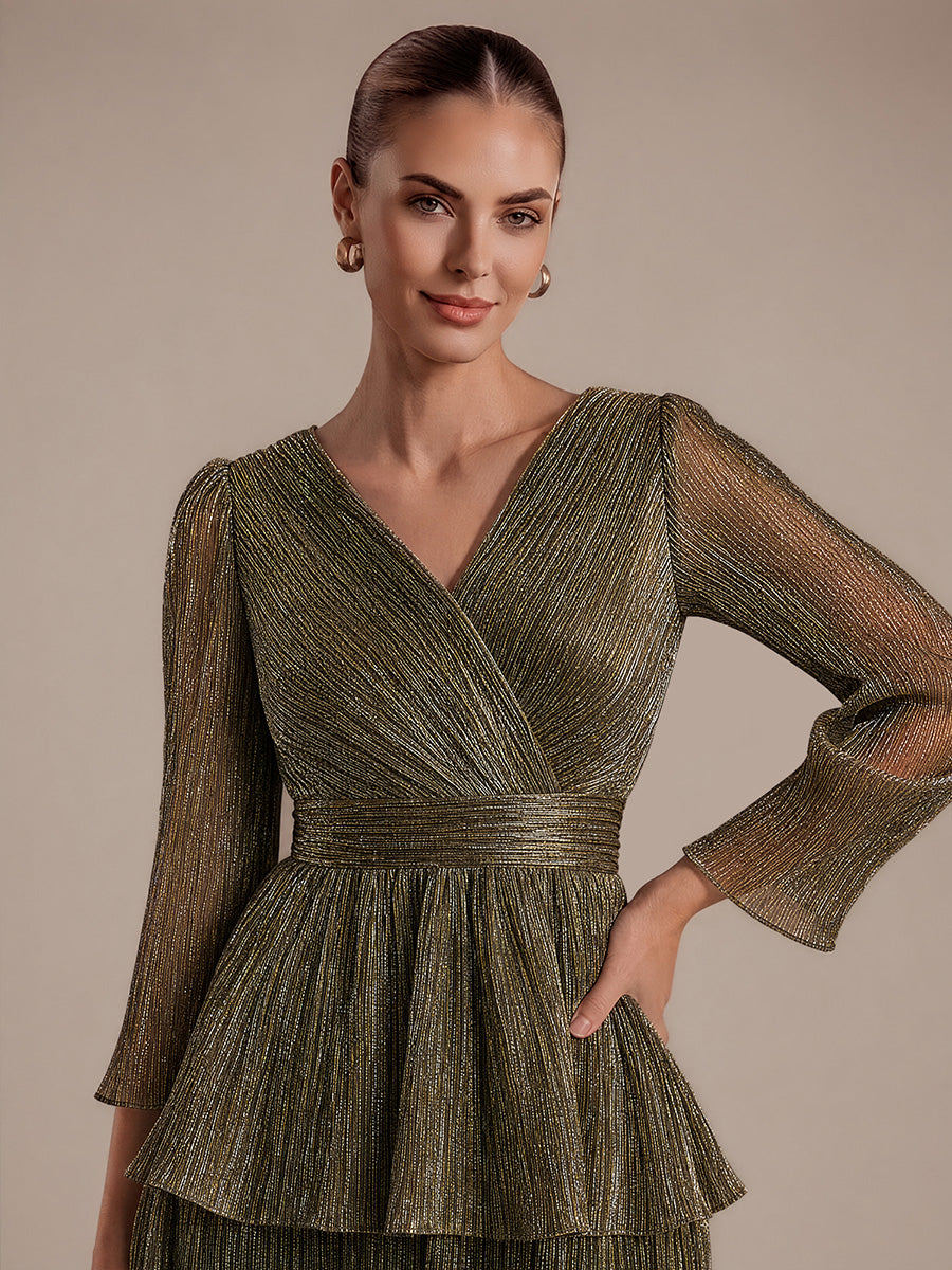 Robe maxi ¨¤ manches longues en tulle avec d¨¦collet¨¦ en V et volants coupe A #Couleur_Or métallique