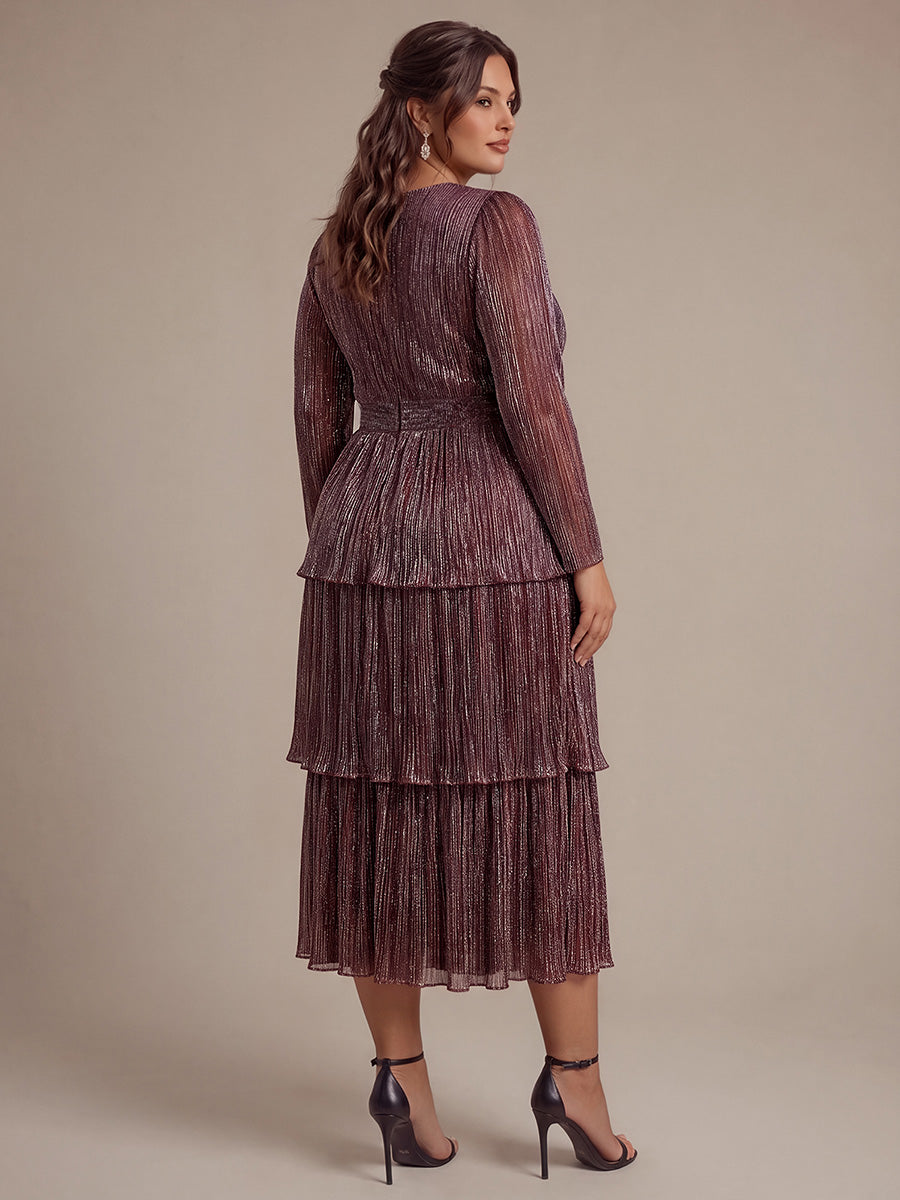 Robe maxi ¨¤ manches longues en tulle avec d¨¦collet¨¦ en V et volants coupe A #Couleur_Brun Acajou