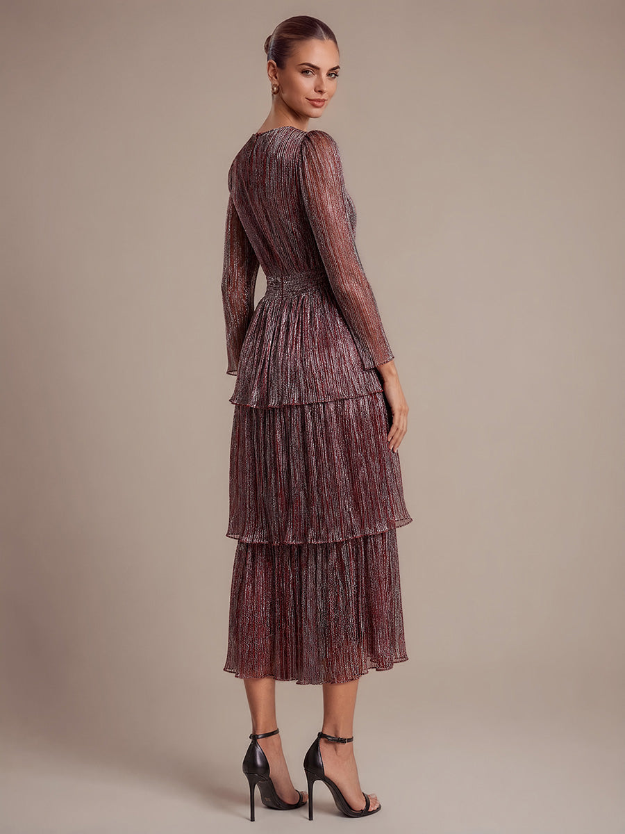 Robe maxi ¨¤ manches longues en tulle avec d¨¦collet¨¦ en V et volants coupe A #Couleur_Brun Acajou