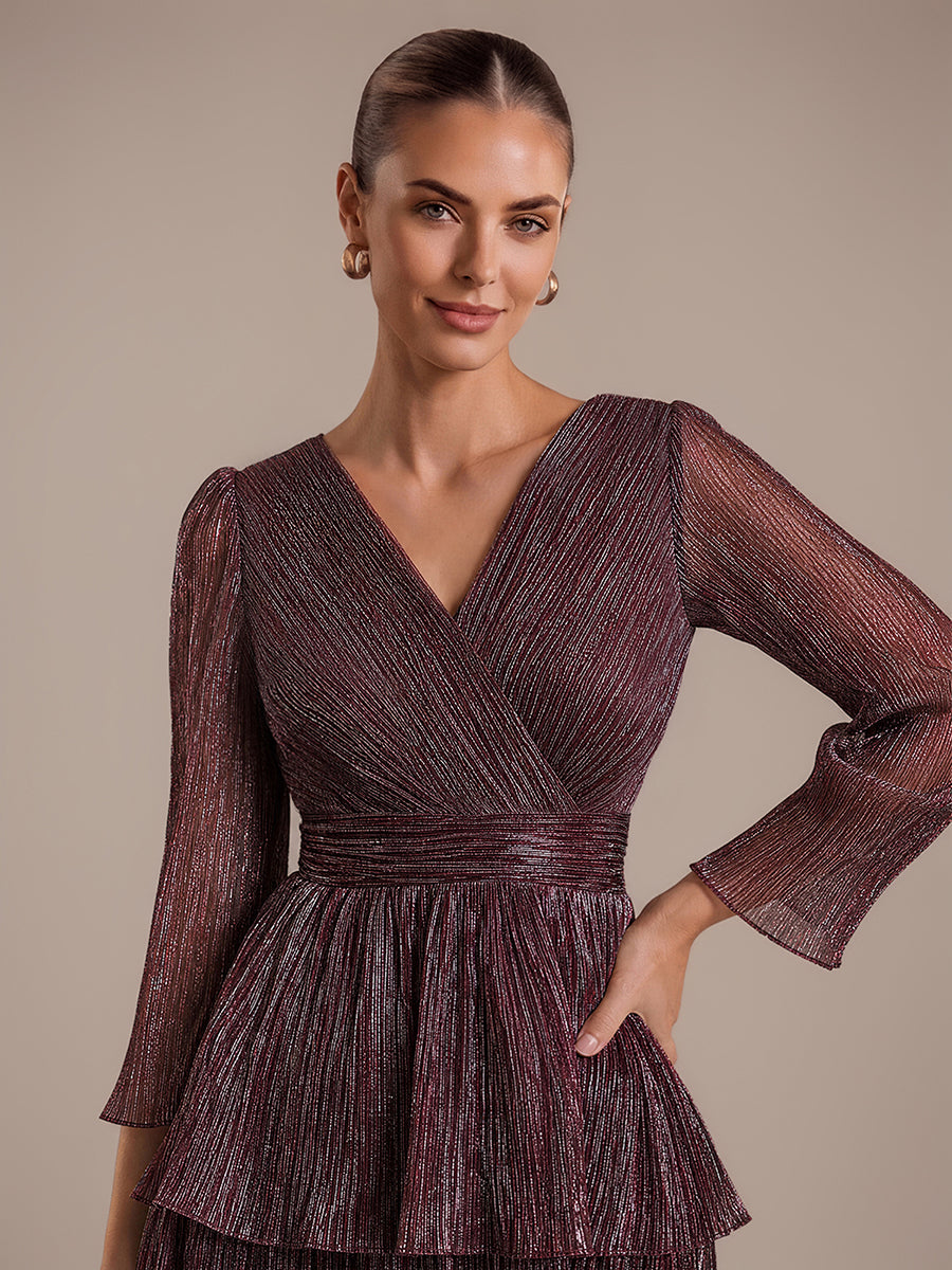 Robe maxi ¨¤ manches longues en tulle avec d¨¦collet¨¦ en V et volants coupe A #Couleur_Brun Acajou