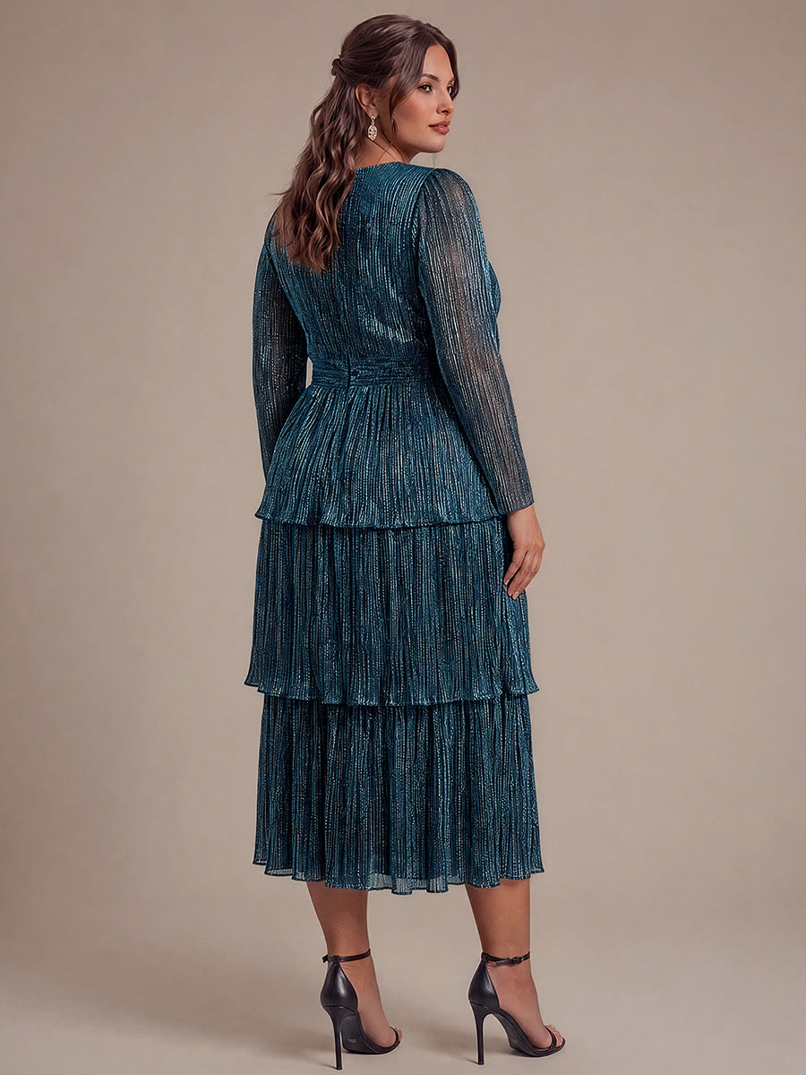 Robe maxi ¨¤ manches longues en tulle avec d¨¦collet¨¦ en V et volants coupe A #Couleur_Bleu Sarcelle