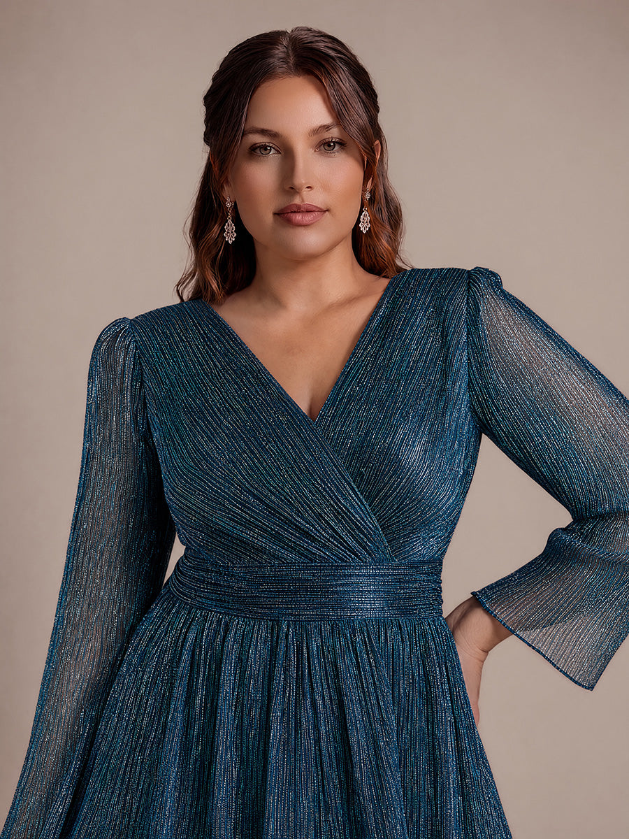 Robe maxi ¨¤ manches longues en tulle avec d¨¦collet¨¦ en V et volants coupe A #Couleur_Bleu Sarcelle
