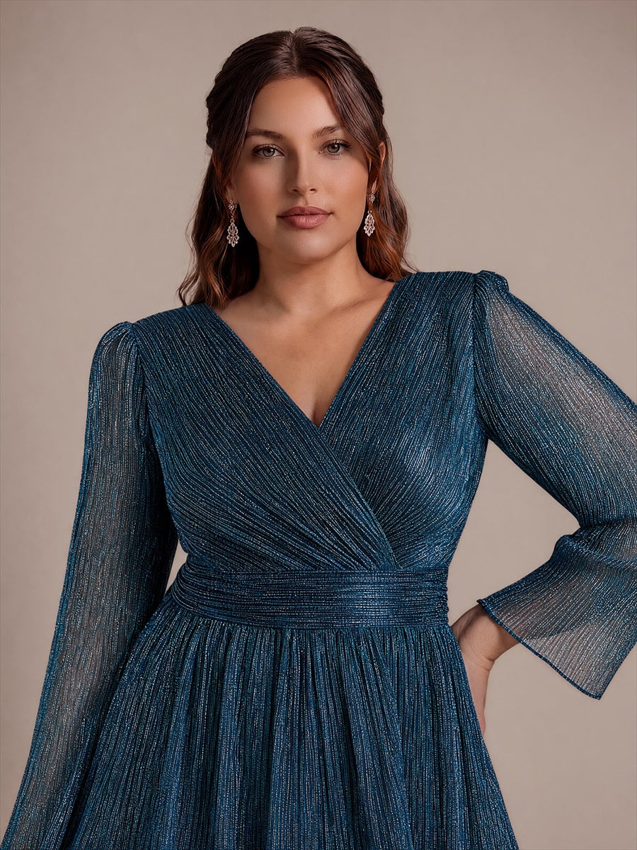 Robe maxi ¨¤ manches longues en tulle avec d¨¦collet¨¦ en V et volants coupe A #Couleur_Bleu Sarcelle