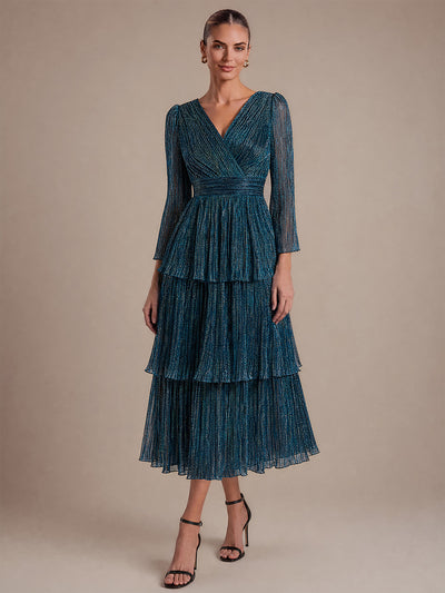 Robe longue en tulle à volants coupe trapèze col V manches longues