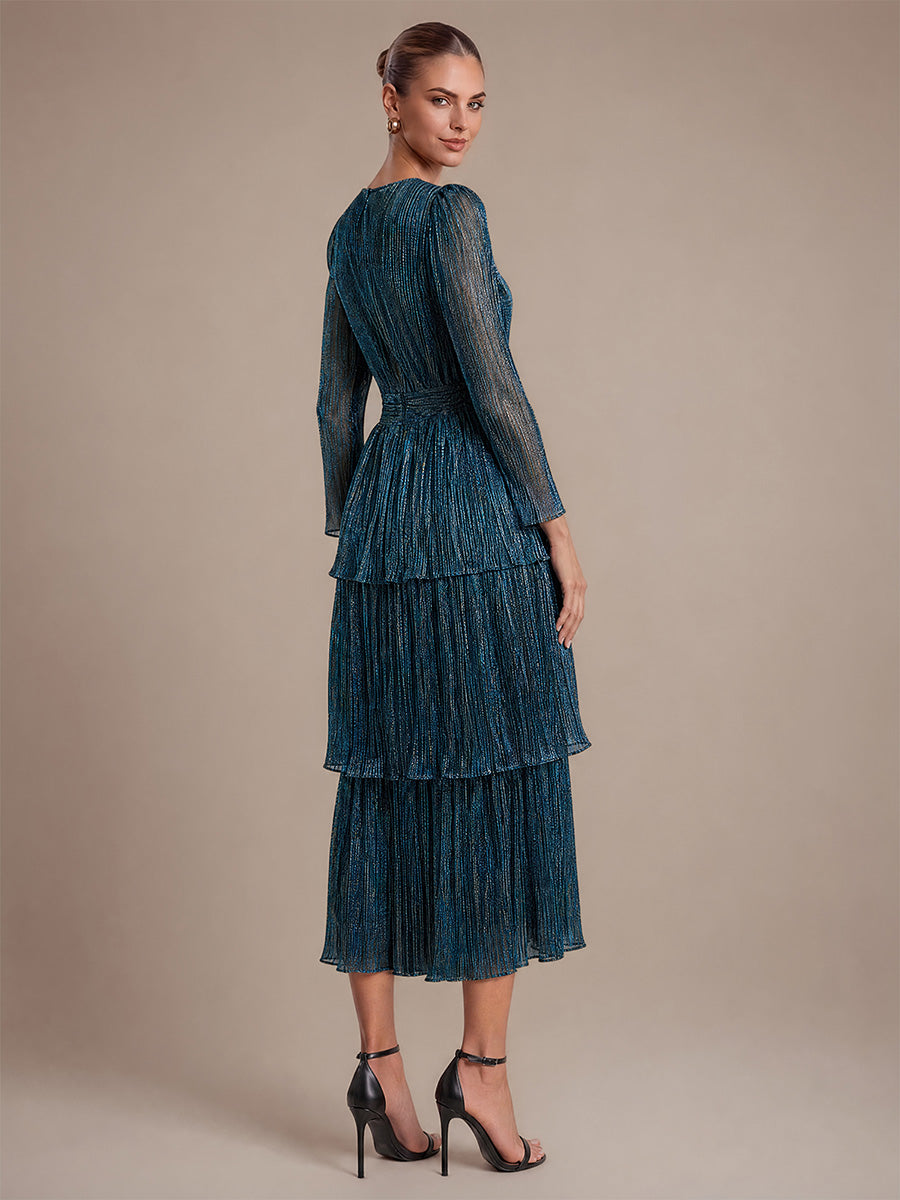 Robe maxi ¨¤ manches longues en tulle avec d¨¦collet¨¦ en V et volants coupe A #Couleur_Bleu Sarcelle