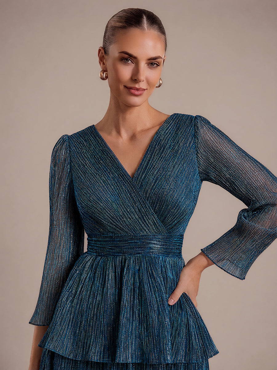 Robe maxi ¨¤ manches longues en tulle avec d¨¦collet¨¦ en V et volants coupe A #Couleur_Bleu Sarcelle