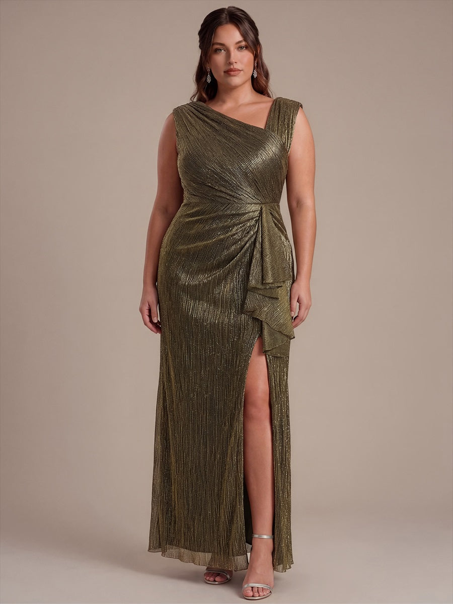 Robe maxi sans manches ¨¤ encolure asym¨¦trique avec fente lat¨¦rale et tissu extensible #Couleur_Or métallique