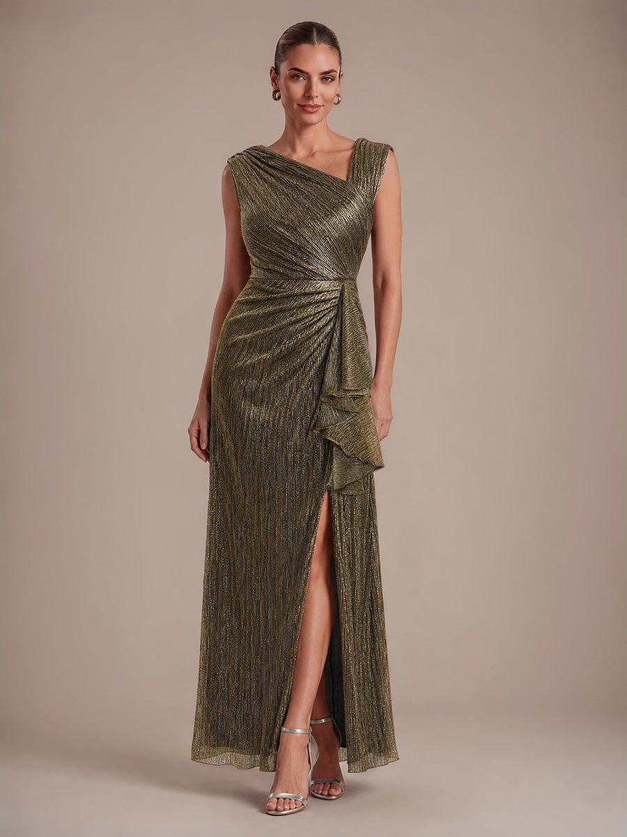 Robe maxi sans manches ¨¤ encolure asym¨¦trique avec fente lat¨¦rale et tissu extensible #Couleur_Or métallique