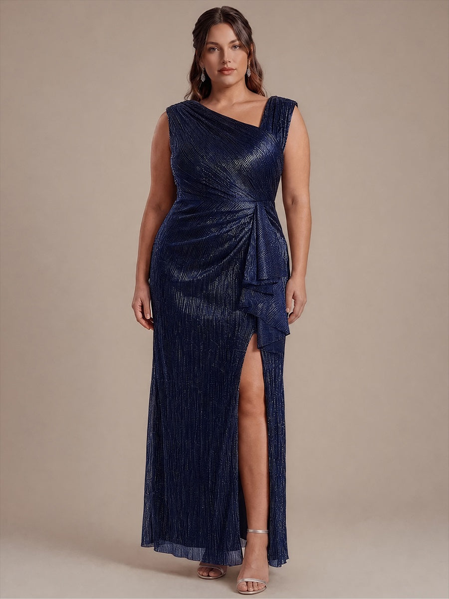 Robe maxi sans manches ¨¤ encolure asym¨¦trique avec fente lat¨¦rale et tissu extensible #Couleur_Bleu Marine