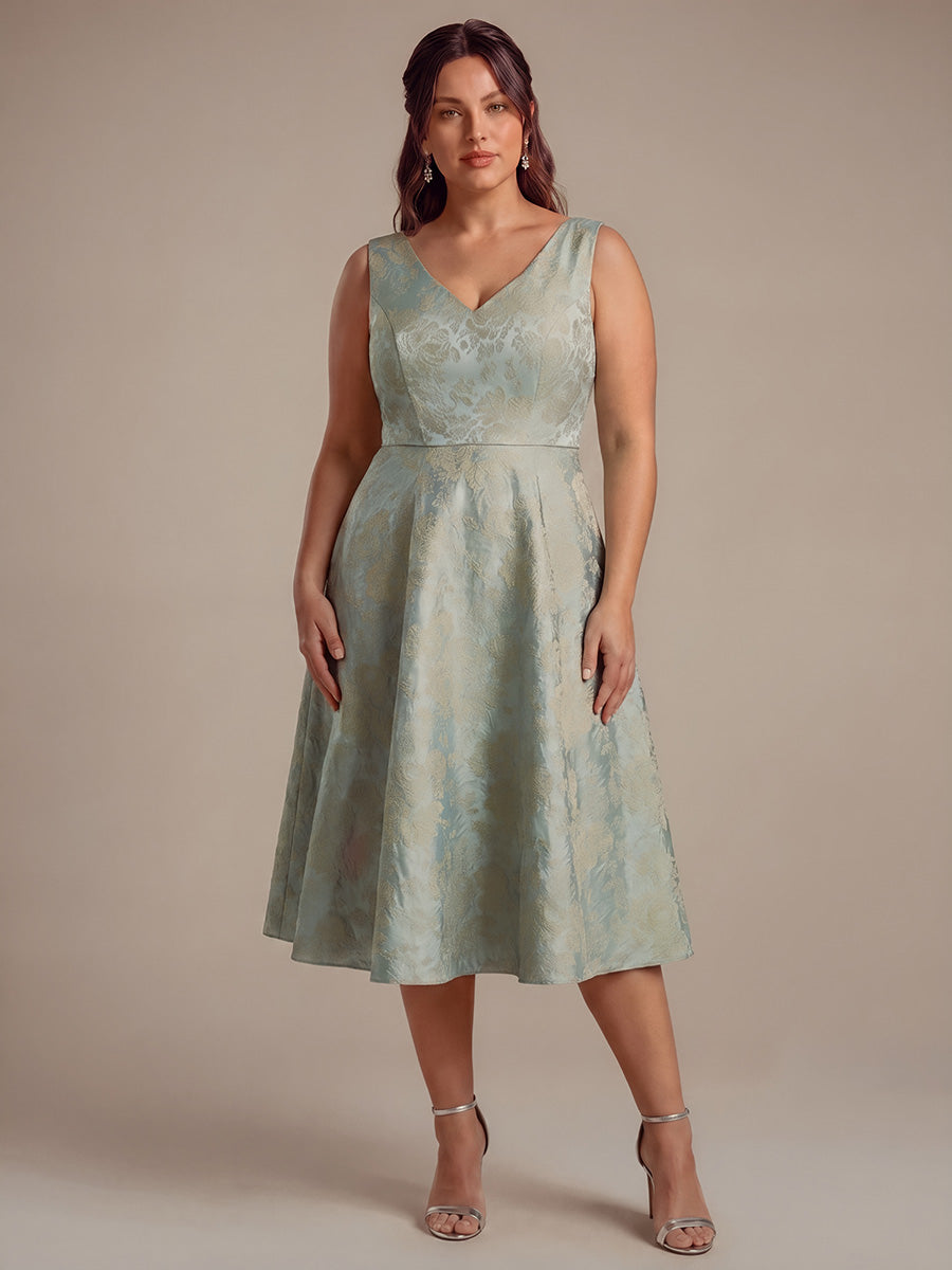 Robe midi A ligne sans manches d¨¦collet¨¦e en V avec d¨¦tails imprim¨¦s #Couleur_Bleu ciel/Or