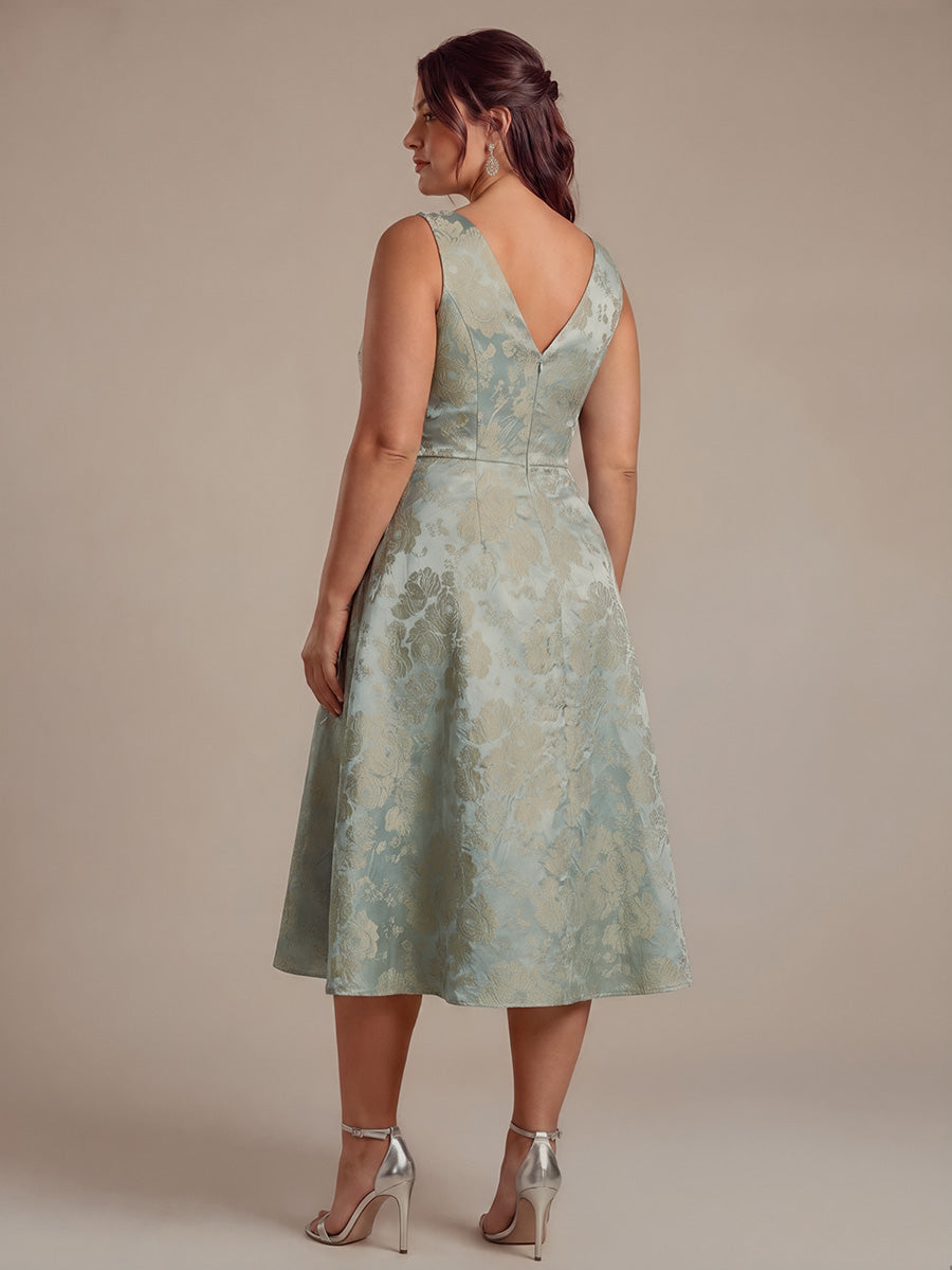Robe midi A ligne sans manches d¨¦collet¨¦e en V avec d¨¦tails imprim¨¦s #Couleur_Bleu ciel/Or