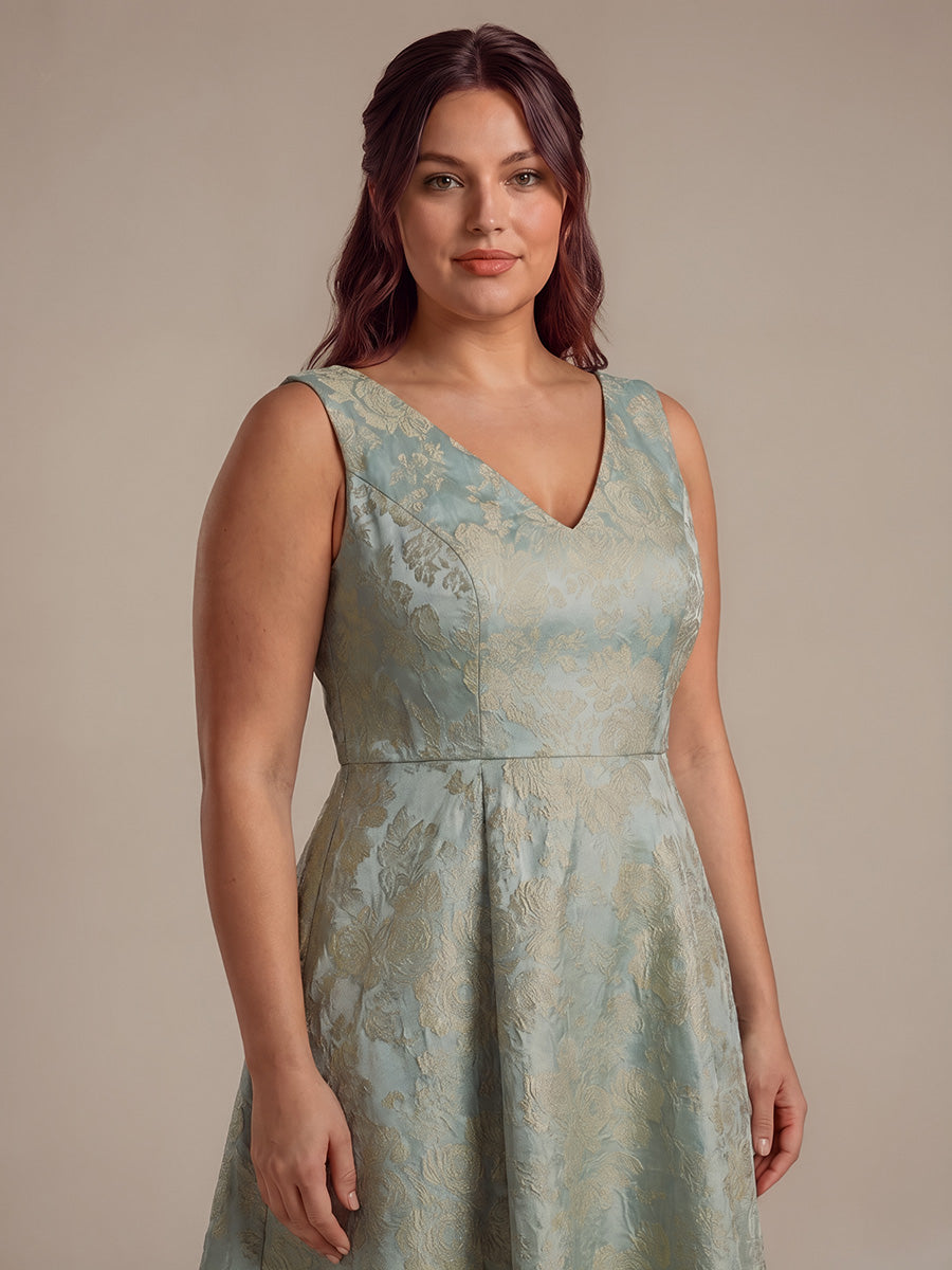 Robe midi A ligne sans manches d¨¦collet¨¦e en V avec d¨¦tails imprim¨¦s #Couleur_Bleu ciel/Or