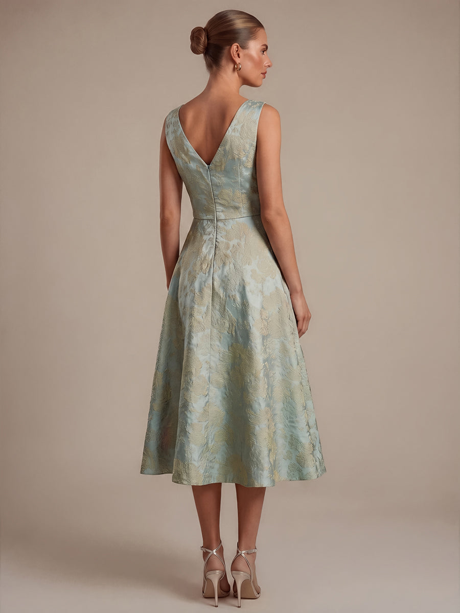 Robe midi A ligne sans manches d¨¦collet¨¦e en V avec d¨¦tails imprim¨¦s #Couleur_Bleu ciel/Or
