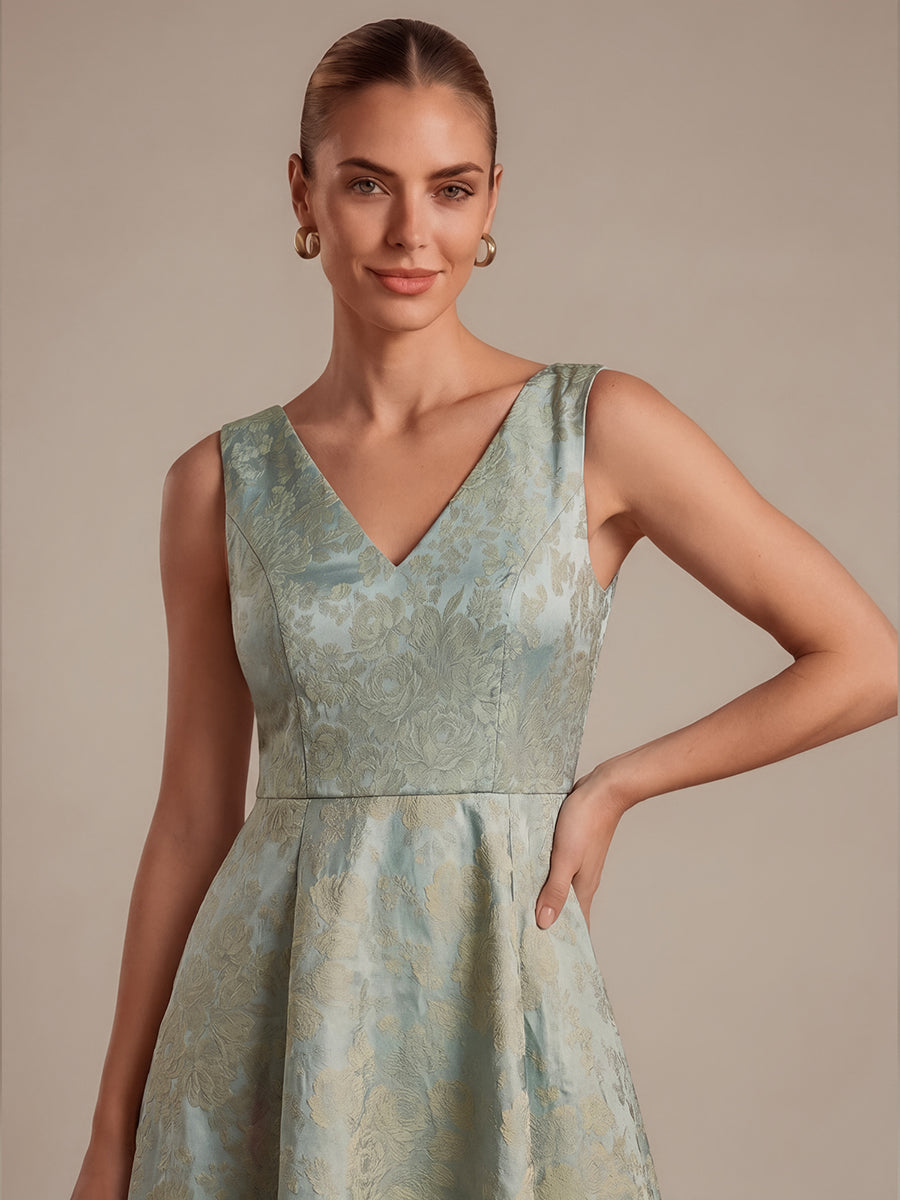 Robe midi A ligne sans manches d¨¦collet¨¦e en V avec d¨¦tails imprim¨¦s #Couleur_Bleu ciel/Or