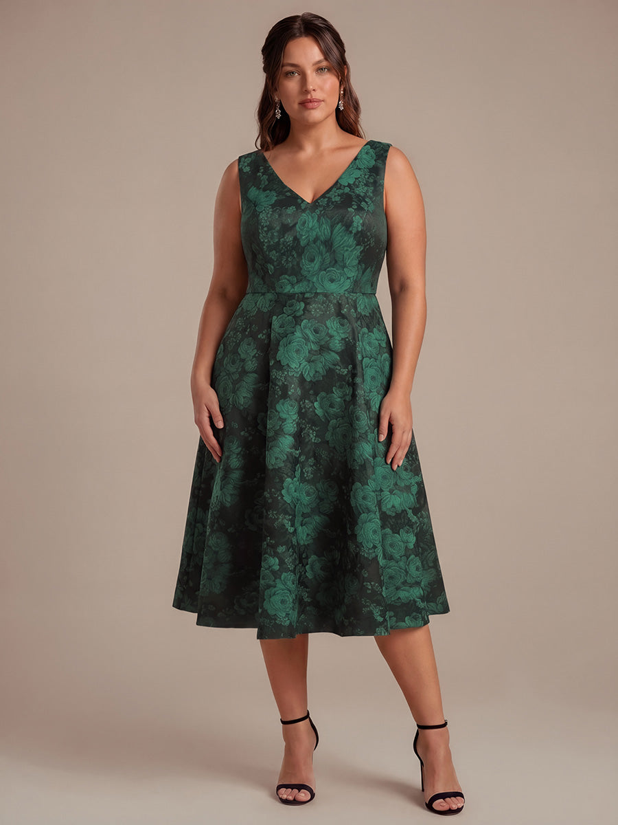 Robe midi A ligne sans manches d¨¦collet¨¦e en V avec d¨¦tails imprim¨¦s #Couleur_Vert foncé/Noir