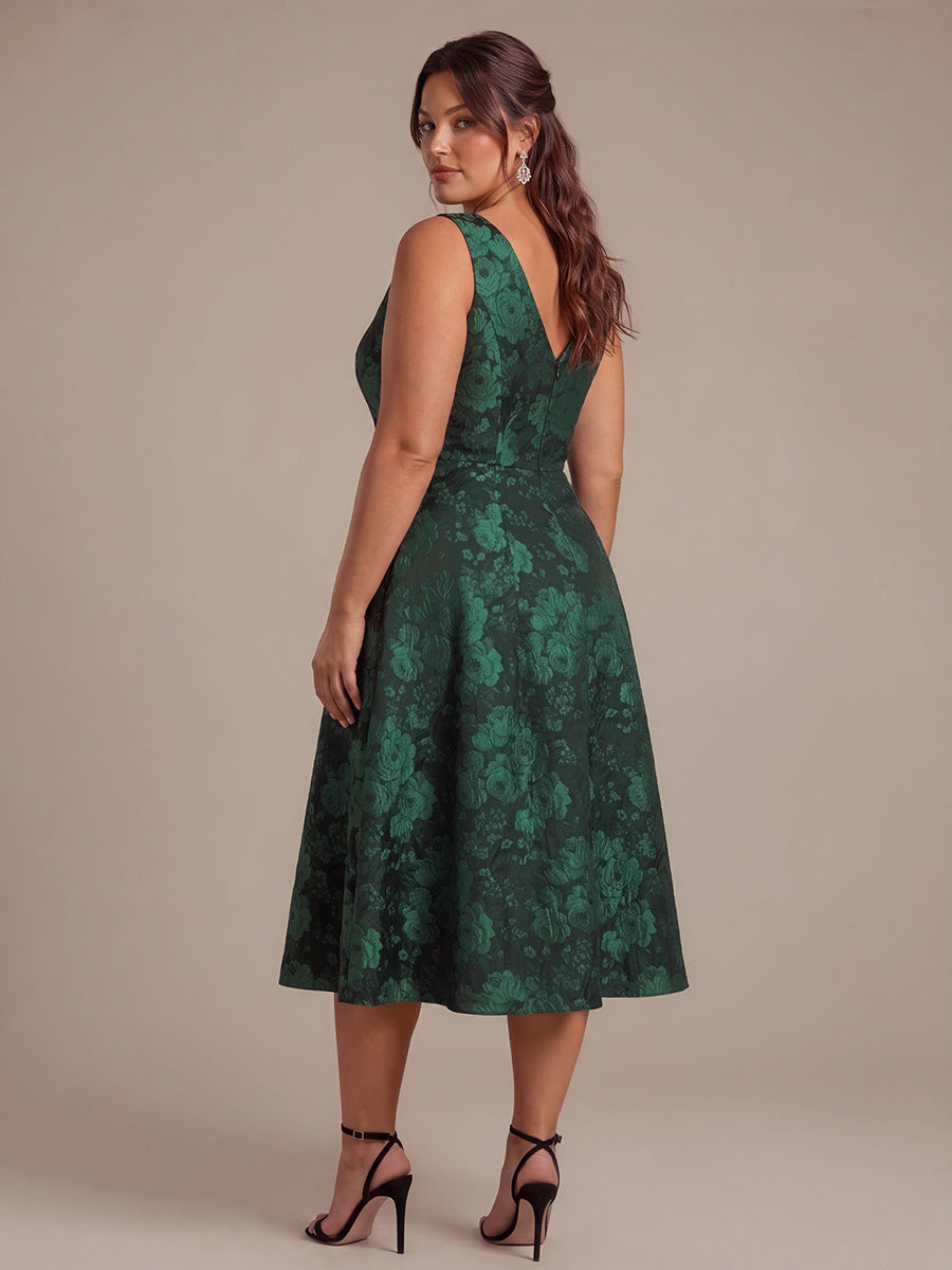 Robe midi A ligne sans manches d¨¦collet¨¦e en V avec d¨¦tails imprim¨¦s #Couleur_Vert foncé/Noir