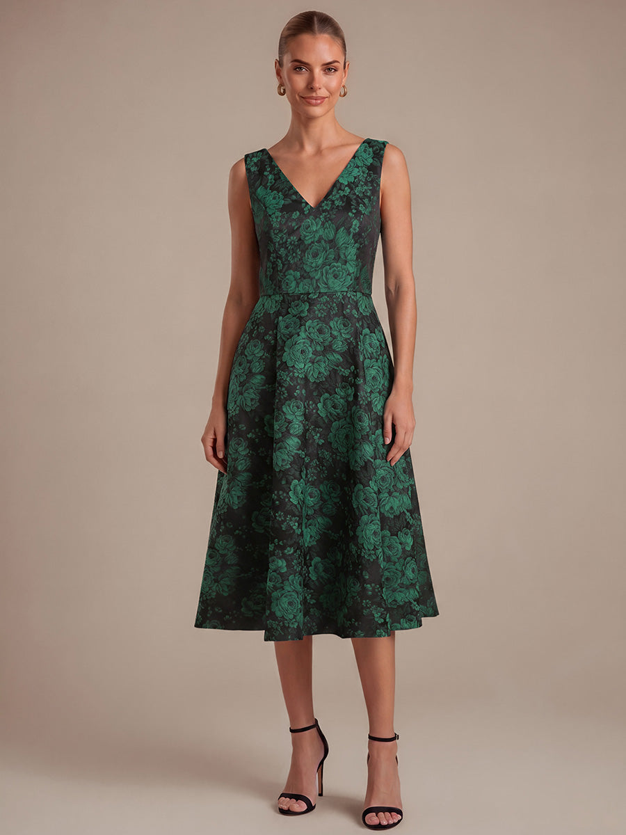 Robe midi A ligne sans manches d¨¦collet¨¦e en V avec d¨¦tails imprim¨¦s #Couleur_Vert foncé/Noir