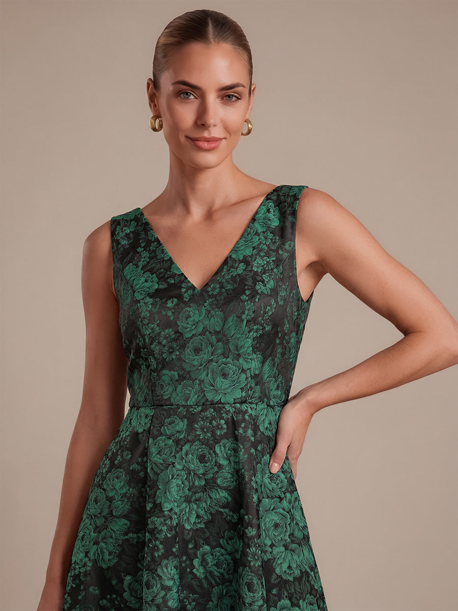 Robe midi A ligne sans manches d¨¦collet¨¦e en V avec d¨¦tails imprim¨¦s #Couleur_Vert foncé/Noir