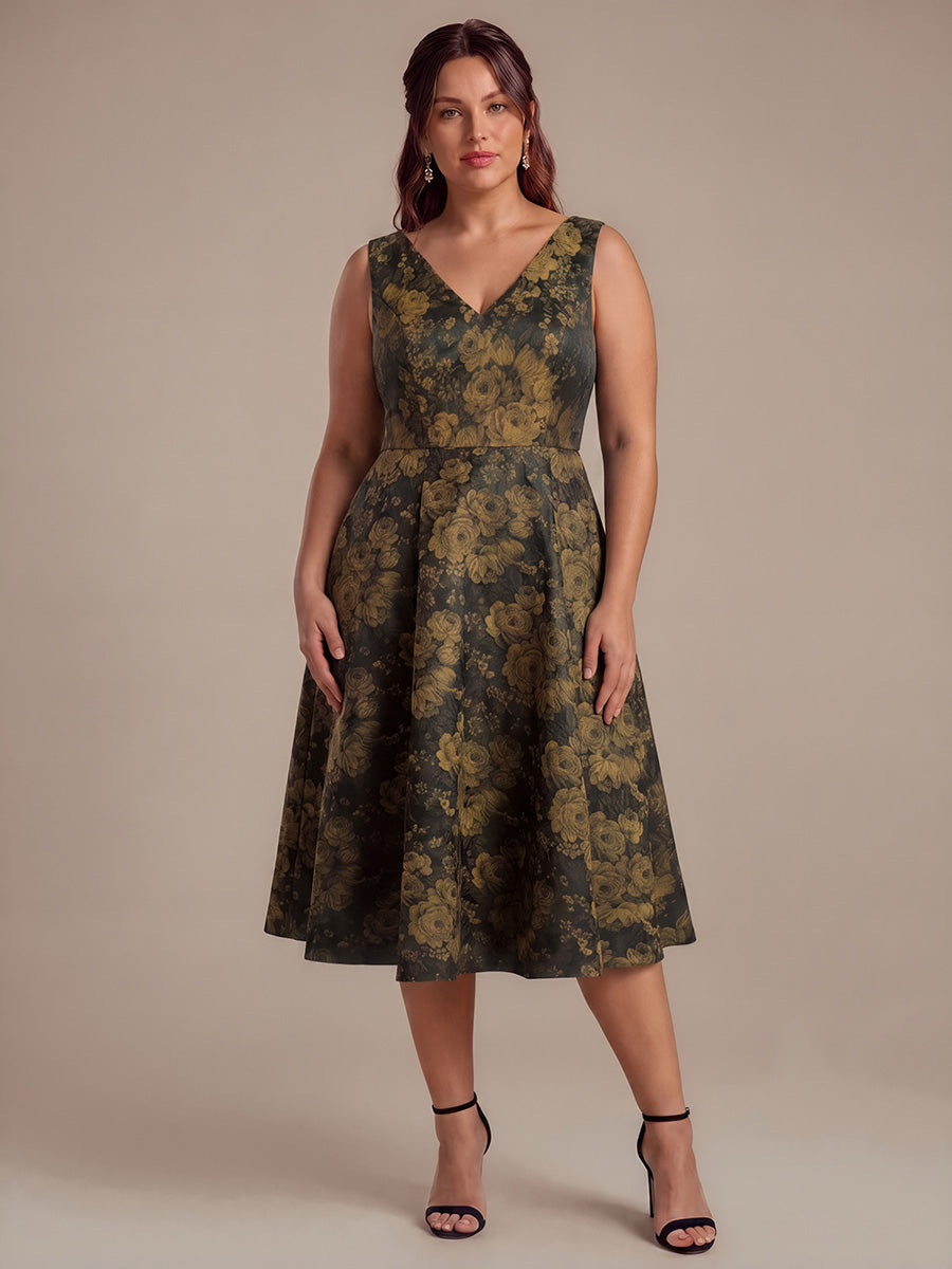 Robe midi A ligne sans manches d¨¦collet¨¦e en V avec d¨¦tails imprim¨¦s #Couleur_Noir/Or