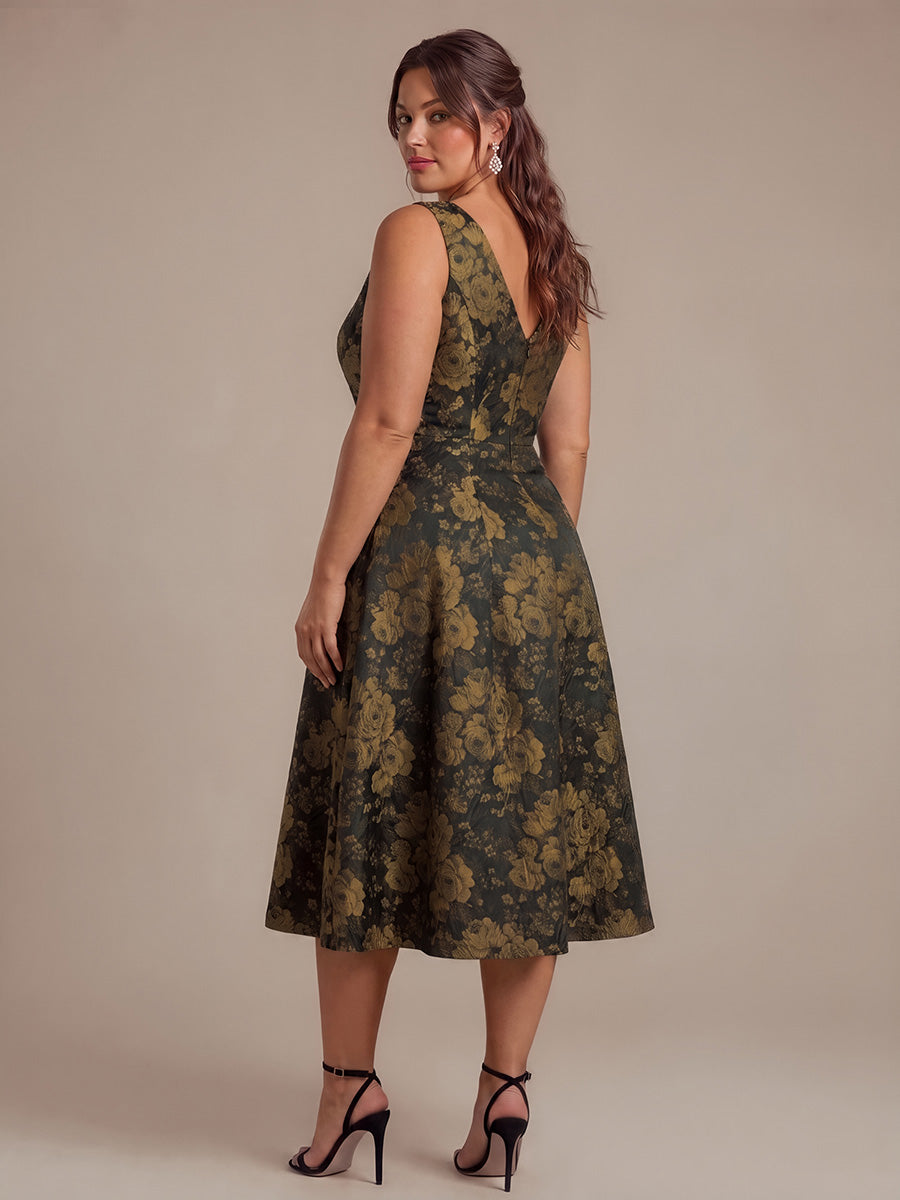 Robe midi A ligne sans manches d¨¦collet¨¦e en V avec d¨¦tails imprim¨¦s #Couleur_Noir/Or