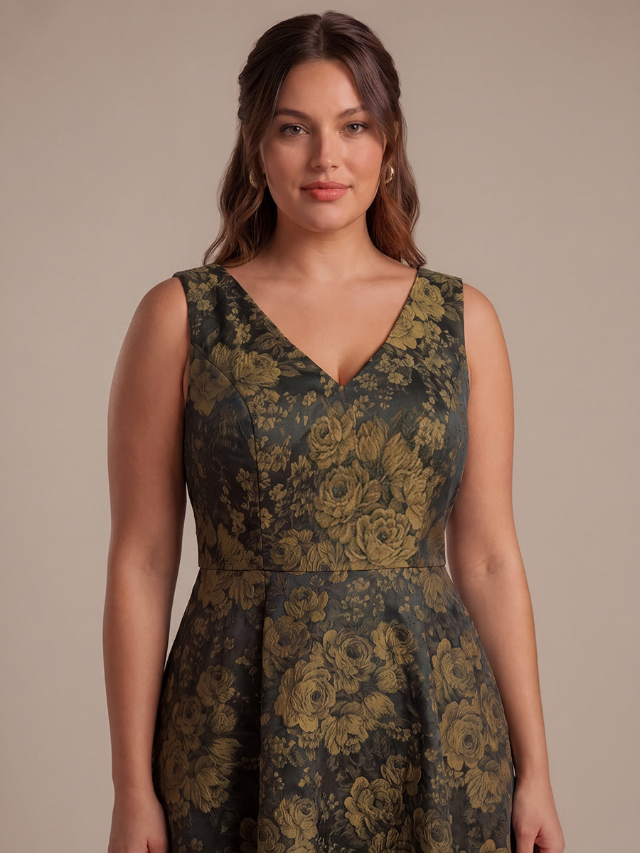 Robe midi A ligne sans manches d¨¦collet¨¦e en V avec d¨¦tails imprim¨¦s #Couleur_Noir/Or
