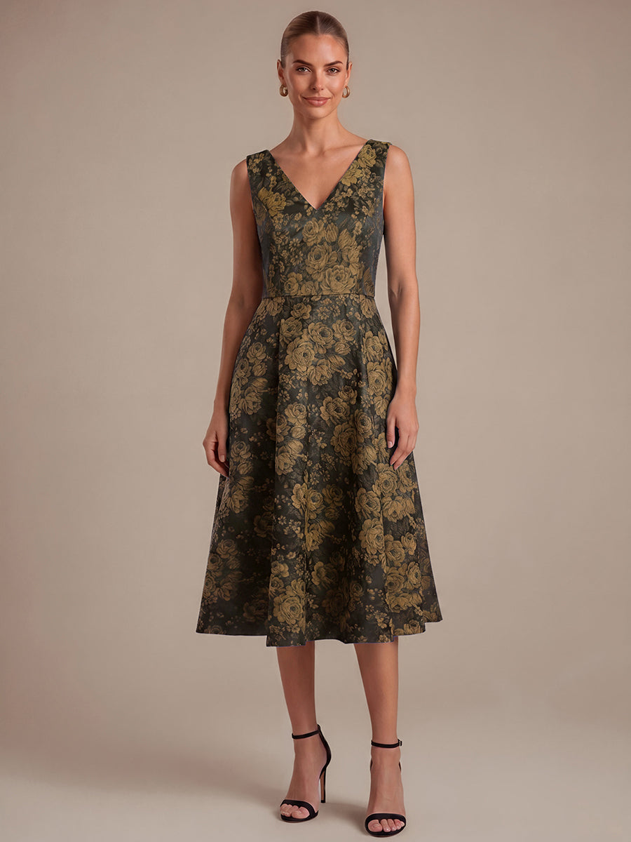Robe midi A ligne sans manches d¨¦collet¨¦e en V avec d¨¦tails imprim¨¦s #Couleur_Noir/Or