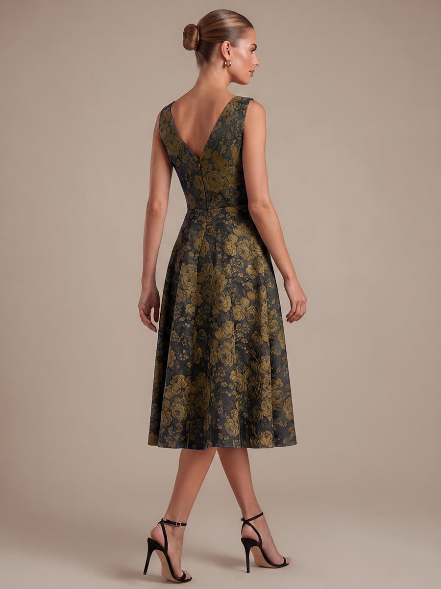 Robe midi A ligne sans manches d¨¦collet¨¦e en V avec d¨¦tails imprim¨¦s #Couleur_Noir/Or