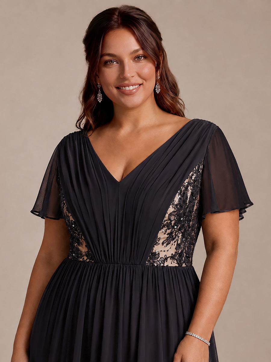 Robe midi A ligne plissée à manches courtes en V avec volants #Couleur_Noir