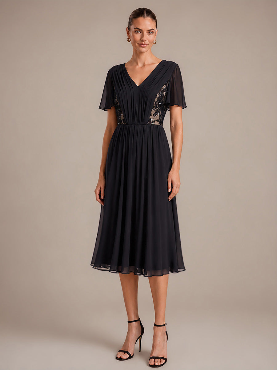 Robe midi A ligne plissée à manches courtes en V avec volants #Couleur_Noir